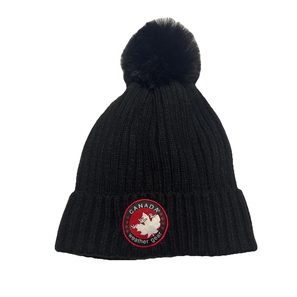 Canada Weather Gear Black Ribbed Beanie Faux Fur Pom Pom‎ Fleece Lined One Size